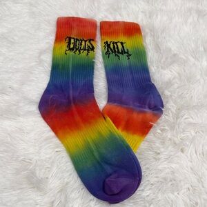 Dolls Kill Rainbow Tie-Dye Crew Socks with Black Script Logo